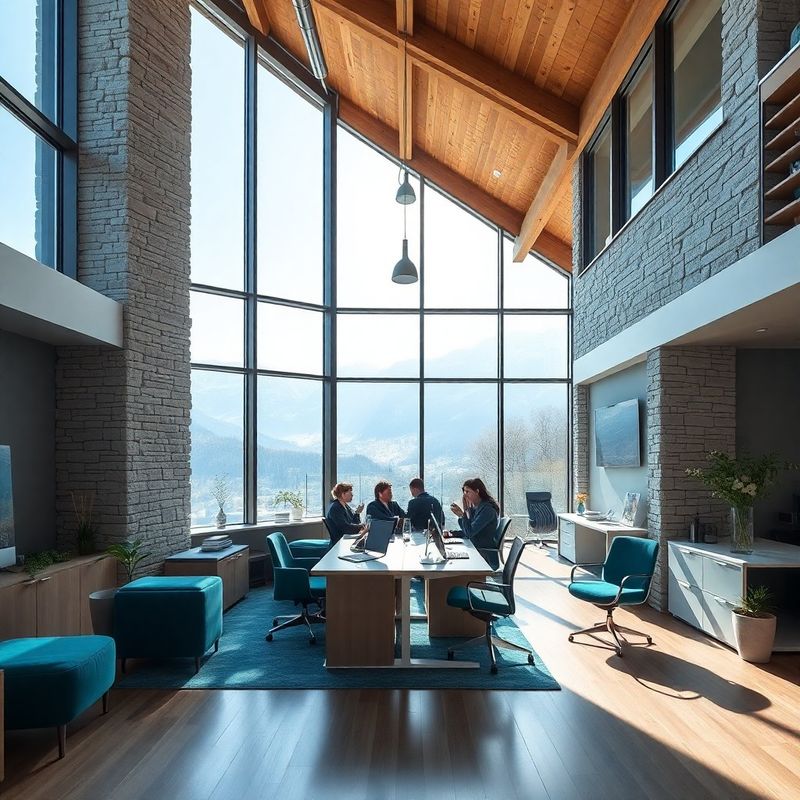 Modern software office interior in Koper with Adriatic light, teal accents, and engineers at workstations
